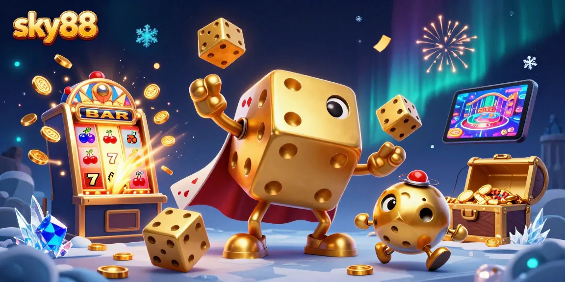 Experience the excitement of sky88 with vibrant casino elements, golden dice golem, and jackpot thrills.