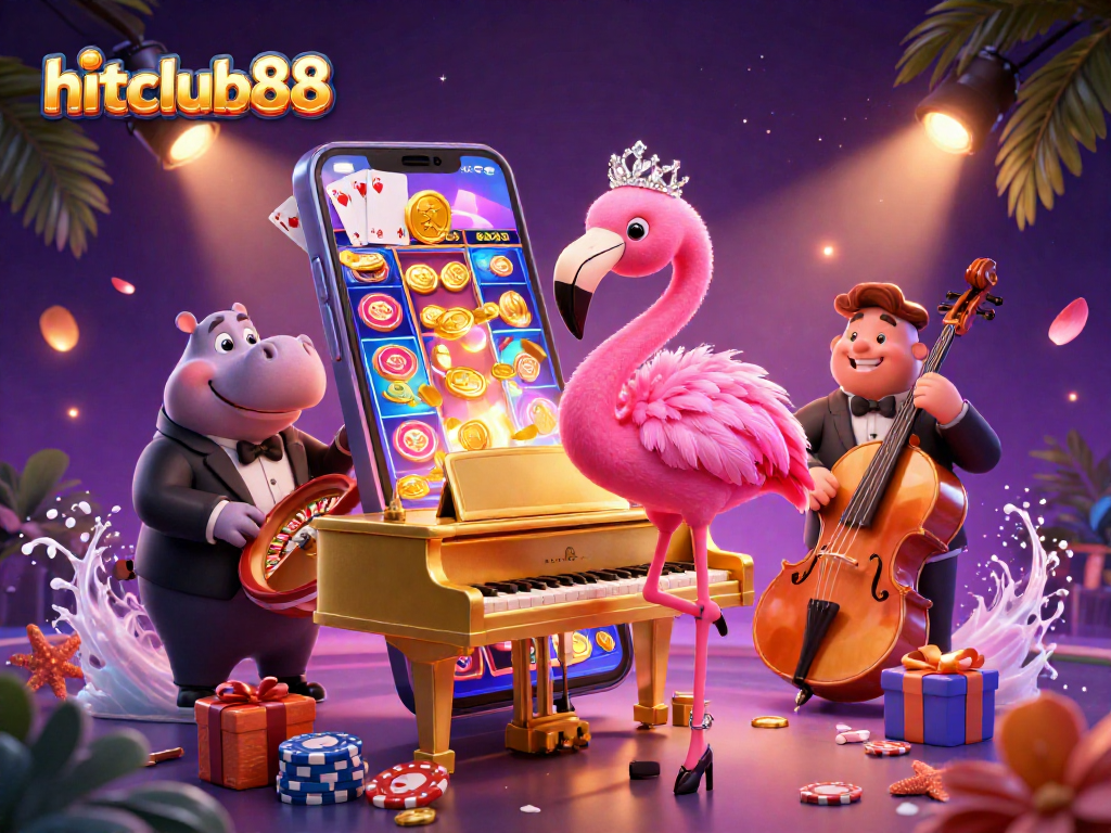 Experience the thrill of hitclub88 with a vibrant 3D casino scene showcasing spinning slot games and lively characters.