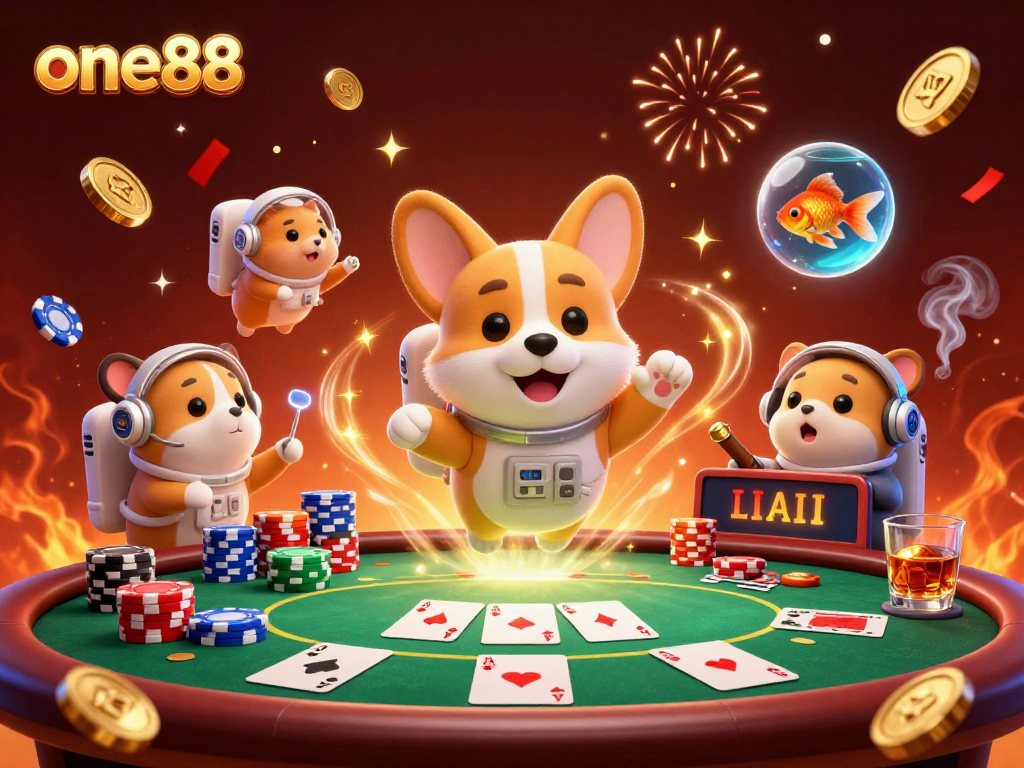 Experience fun gaming with one88 in a vibrant space casino where the corgi plays poker.