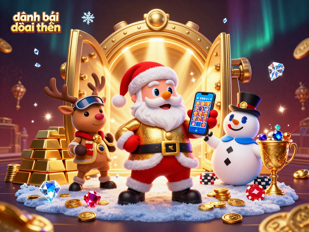 Engage in đánh bài đổi thưởng with Santa and friends in a vibrant casino world filled with treasures.