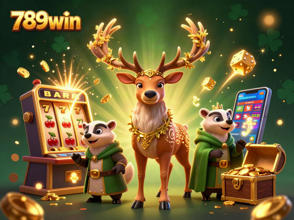 Spinning 789win slot reels with Celtic druid stag and badger amidst jackpot celebrations.