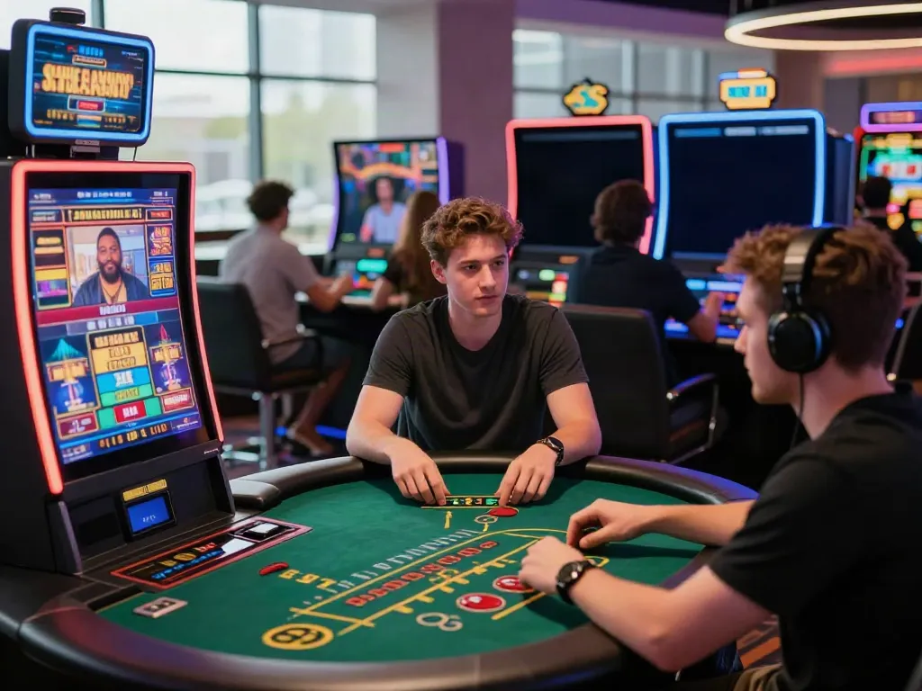 Exciting gaming atmosphere with GO888 players enjoying virtual casino games and vibrant neon lights.