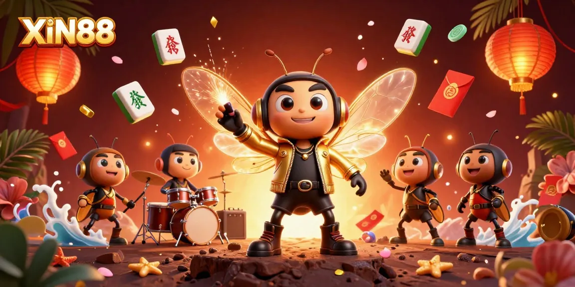 XIN88 launches an exciting game atmosphere featuring a cicada rock star and vibrant casino elements.