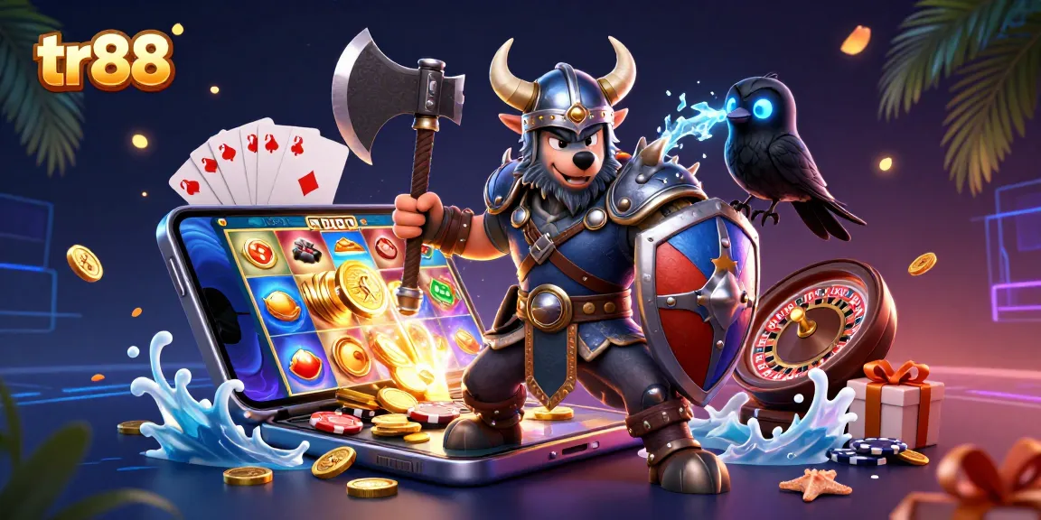 tr88 slots scene with Viking warrior, ice dragon, and vibrant game elements
