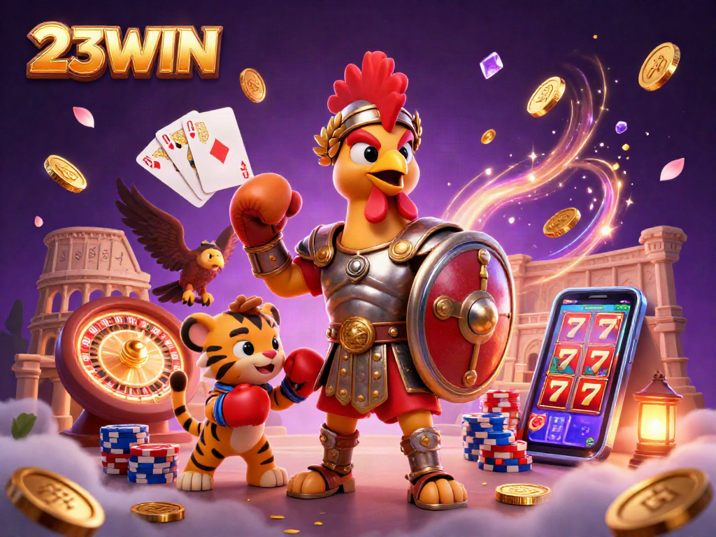 Experience the gaming excitement at 23WIN with dynamic casino elements in an engaging 3D scene.