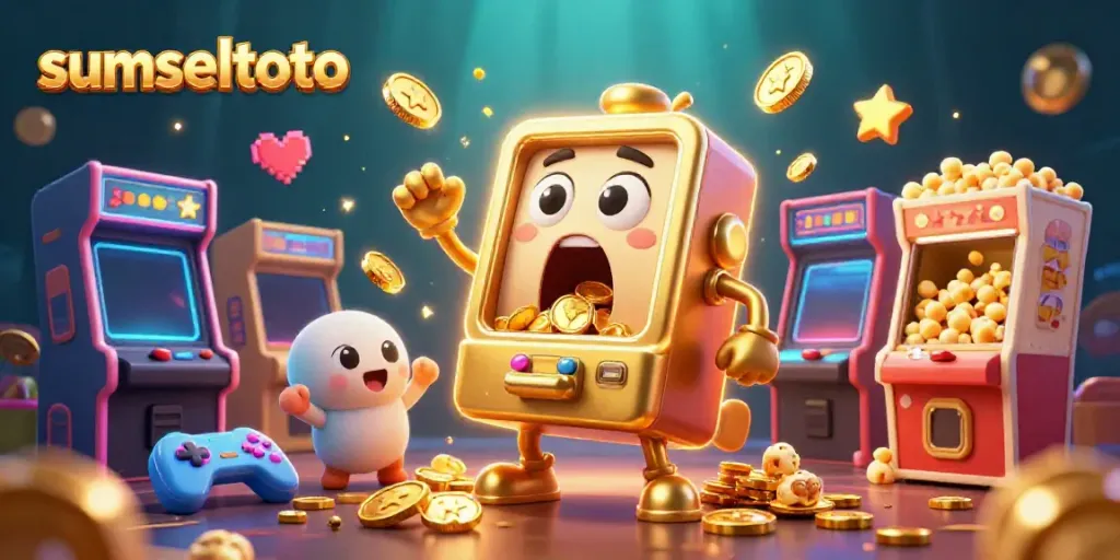 Experience the thrilling jackpot as sumseltoto's golden slot machine pours coins animatedly while its cheerful baby counterparts cheer on.