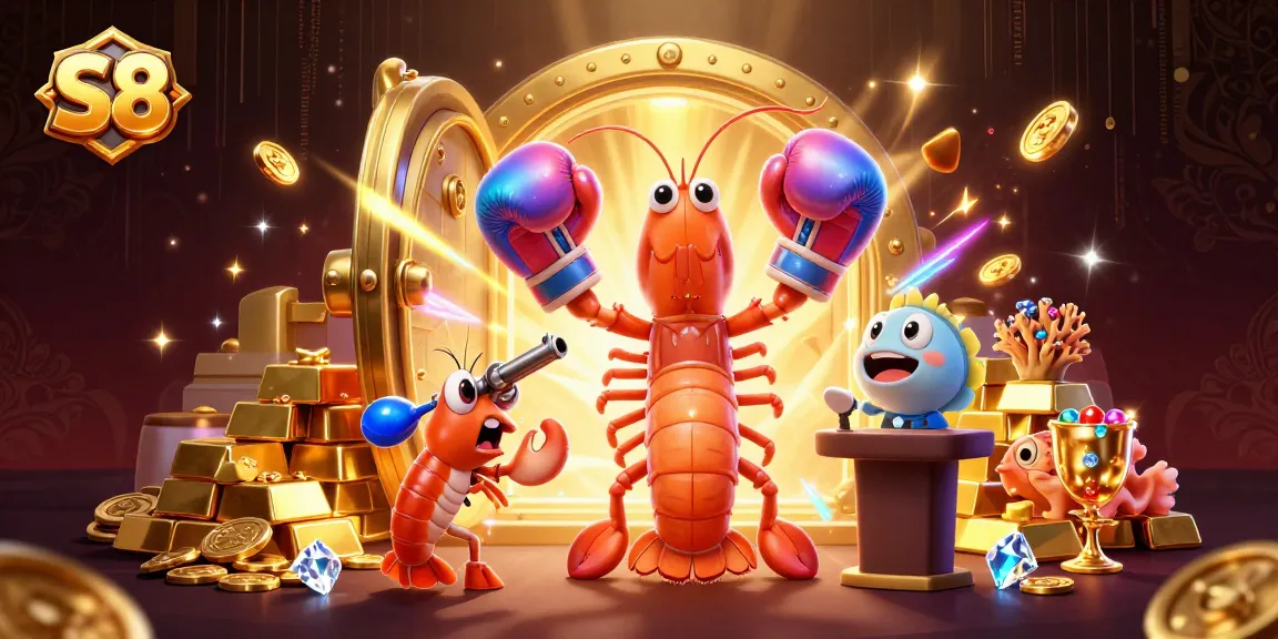 S8 showcases a vibrant gaming scene with a mantis shrimp and treasures bursting from a vault.
