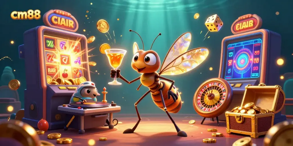 Engage with cm88's vibrant casino experience featuring a unique mosquito mascot and thrilling jackpot scenes.