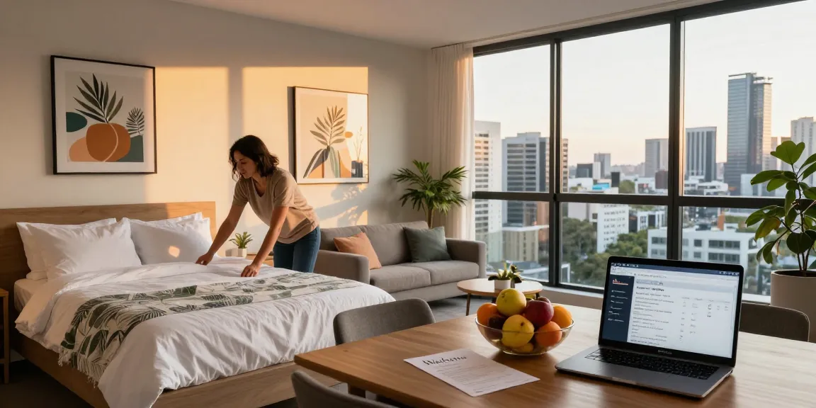 Airbnb management Brisbane scene with a host preparing a stylish apartment for guests, showcasing hospitality and vibrant local culture.