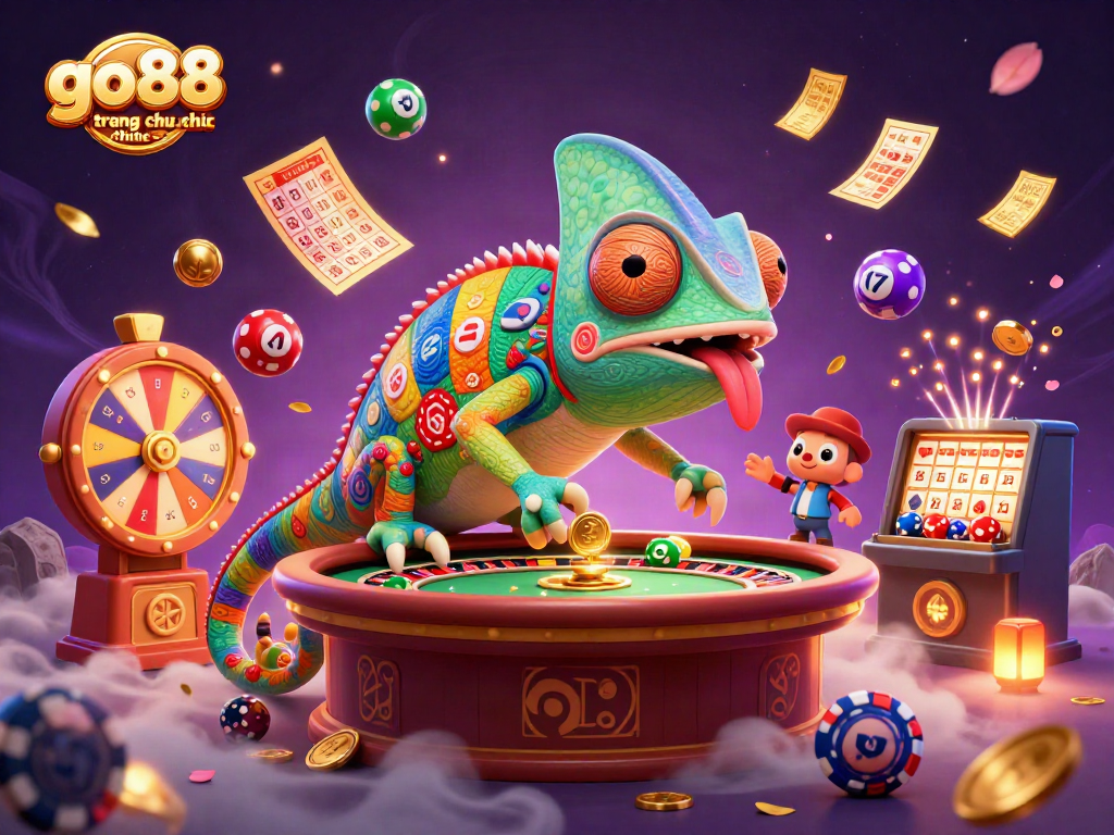 Engage with the vibrant scene of go88 trang chu chinh thuc illustrating energetic gaming elements and chameleon casino owner.