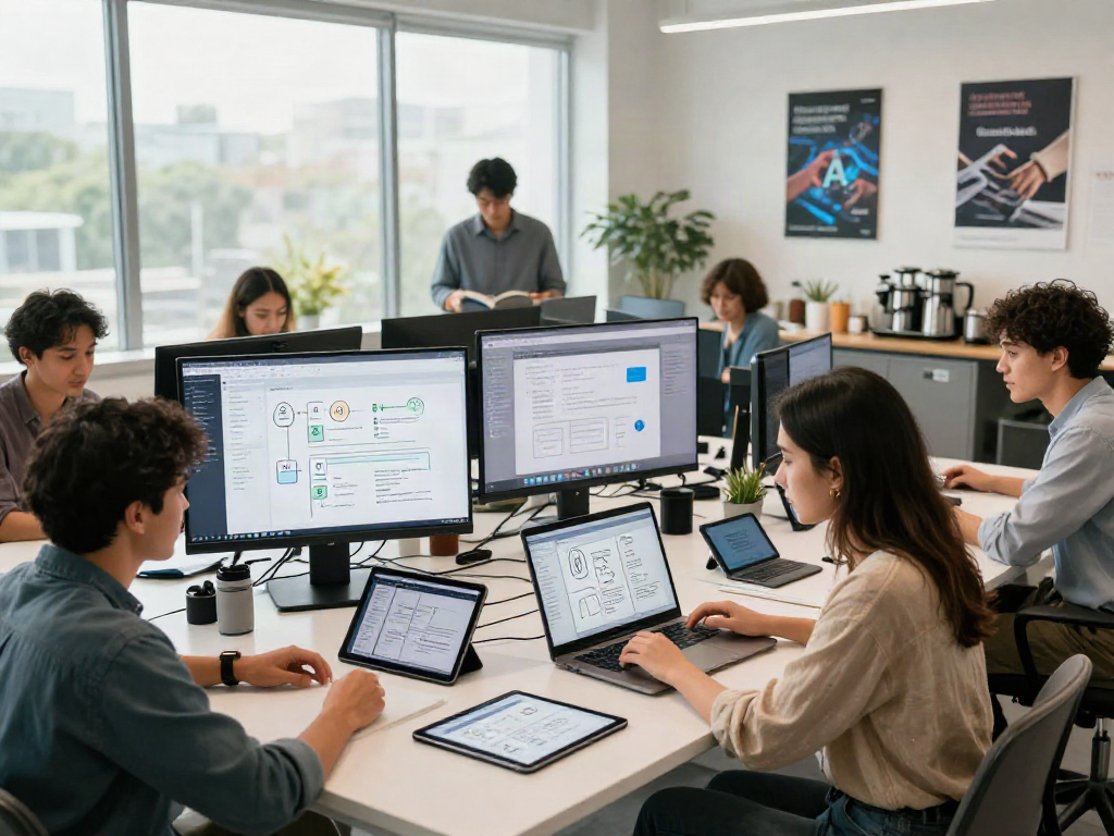 Creative team collaborating on innovative 18+ ai applications, showing modern workspace with tech devices and natural light.