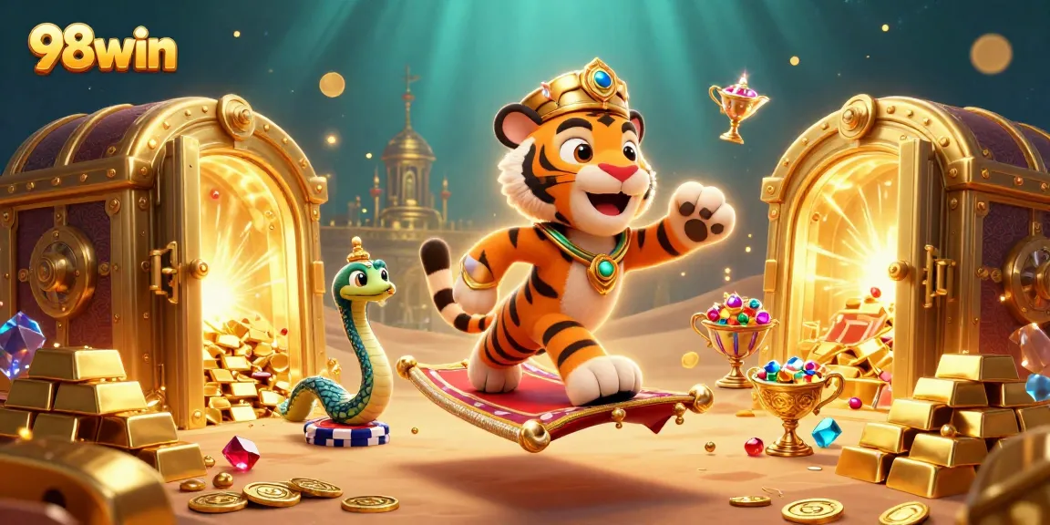 Experience the excitement of 98win with a vibrant 3D scene featuring a sultan on a poker chip carpet.