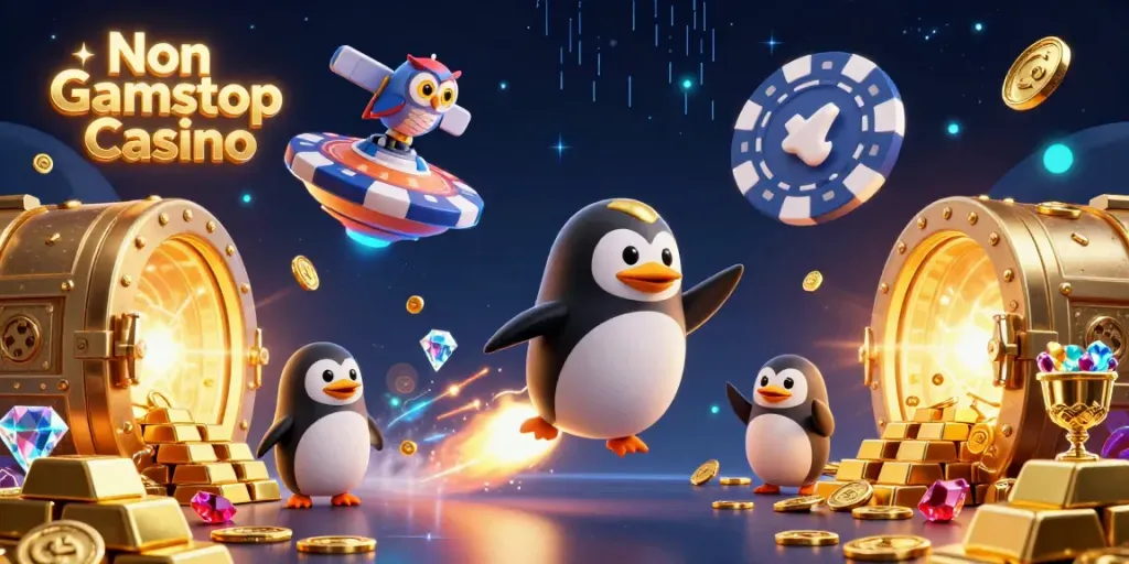 Experience the thrill of Non Gamstop Casino with a 3D penguin launching into space, surrounded by treasures.
