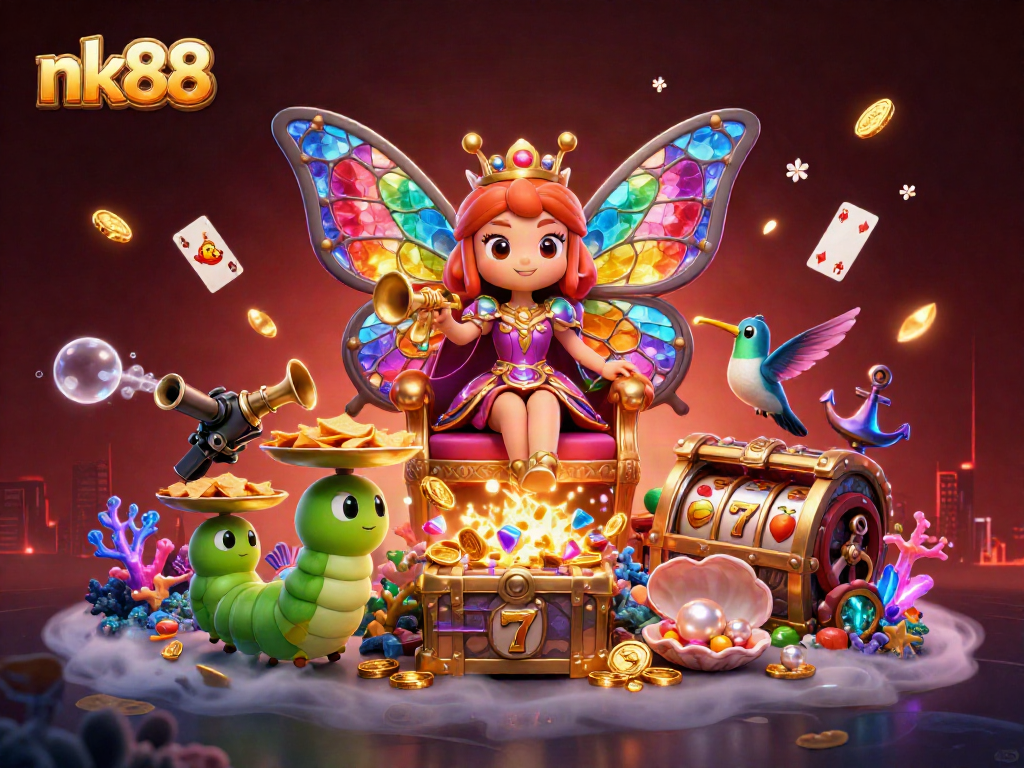 Engage in exciting slots action at nk88 with cartoon queen and shimmering gems!