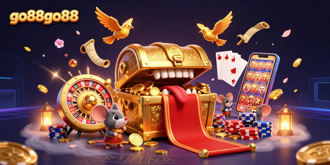 Engage in exciting gameplay at go88go88 with a vibrant 3D casino themed illustration showcasing swirling coins and rich, colorful elements.