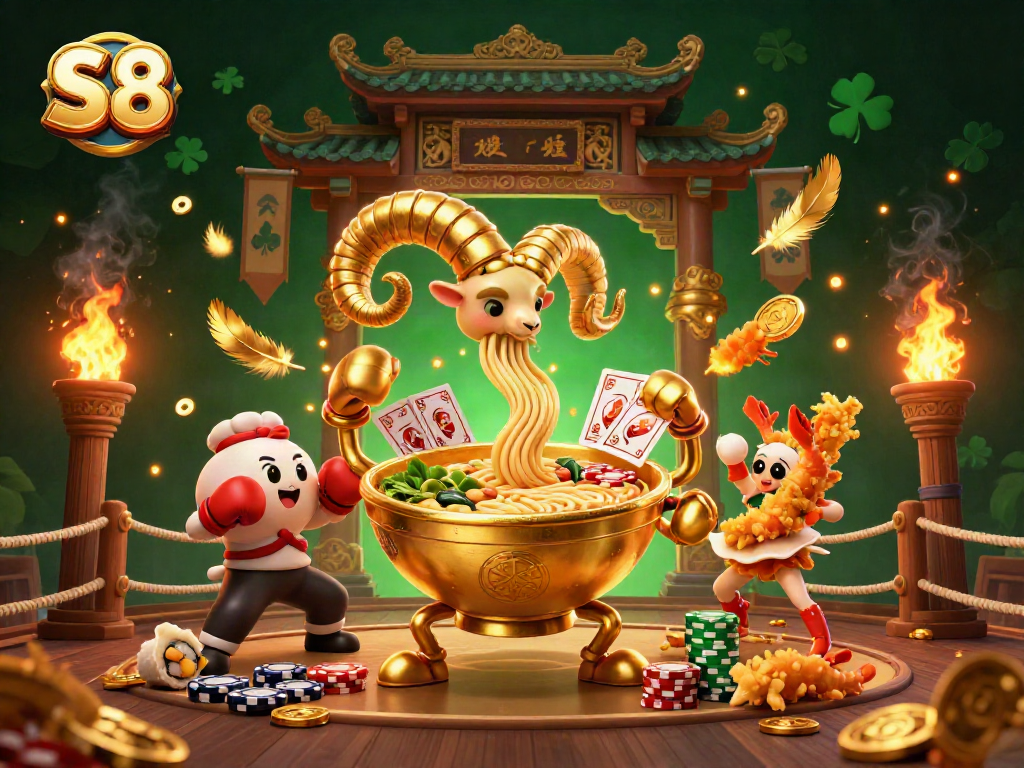S8 gaming action with a giant ramen bowl dealer, sushi roll and cheerleaders in a vibrant casino scene.