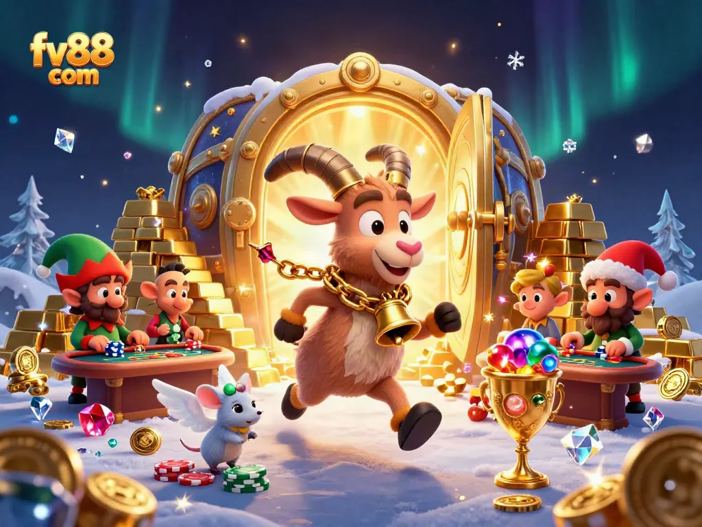 Engage in thrilling poker action with fv88 com, featuring festive casino characters stealing chips.