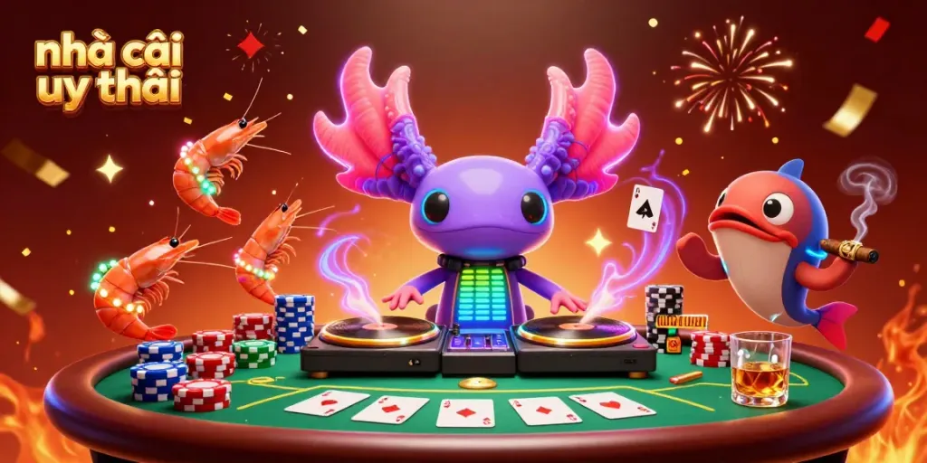Engaging illustration of lively casino atmosphere highlighting nhà cái uy tín with vibrant characters.