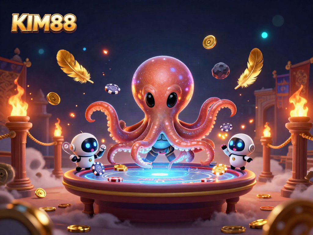 KIM88 showcases a vibrant alien-themed poker experience with dynamic characters and casino elements.