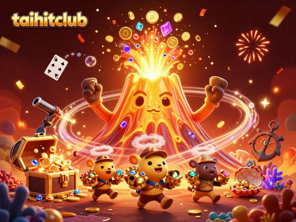 Experience taihitclub's thrilling gameplay with a golden volcano erupting treasures in this vibrant, 3D casino scene.