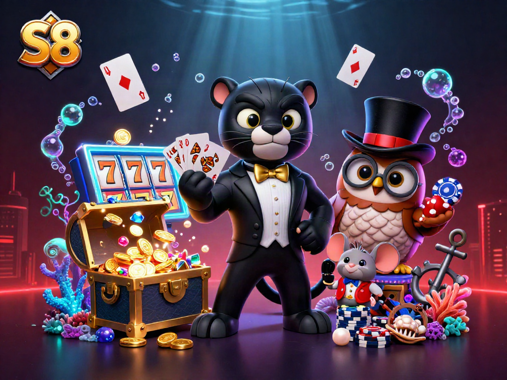 S8-themed casino illustration featuring a stylish panther dealer showcasing winning poker hands, surrounded by treasures.