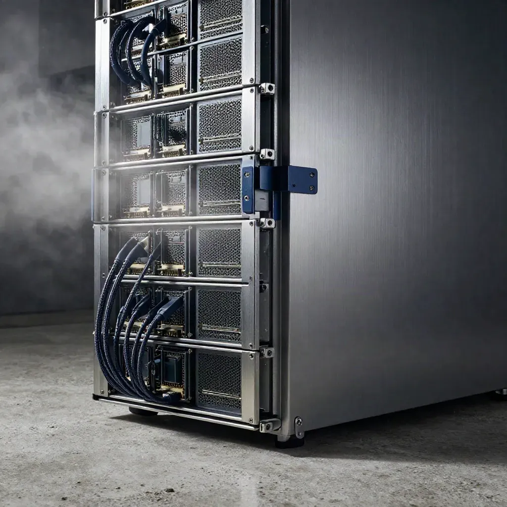 Open 1U server rack hardware on rain-darkened concrete in misty dawn light