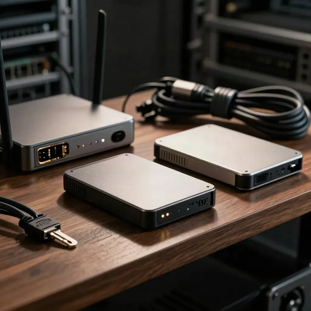 SSD enclosures, compact router and coiled cable on a walnut shelf, dramatic studio lighting.