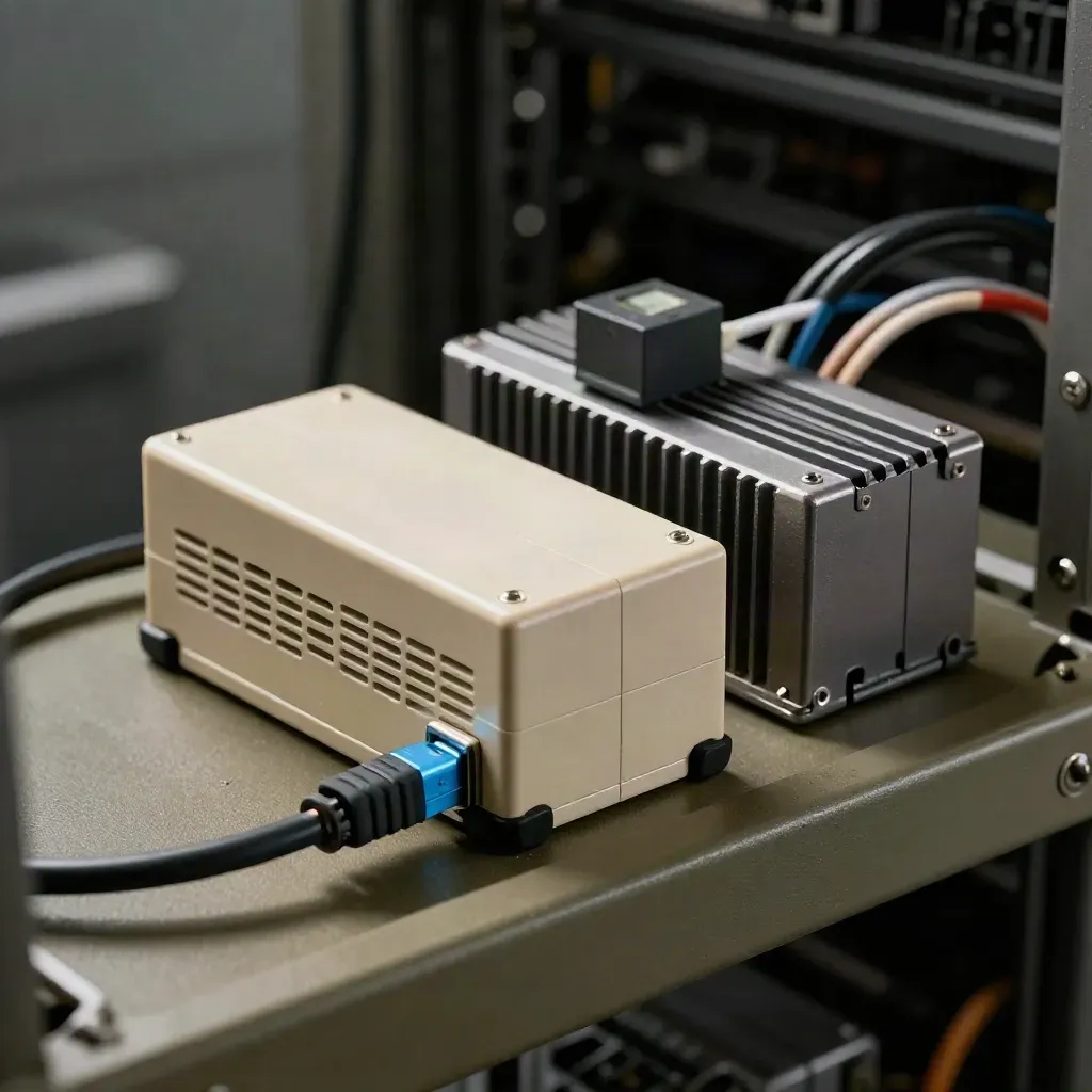 Extreme macro of UPS battery, redundant power brick and relay on a khaki server shelf.