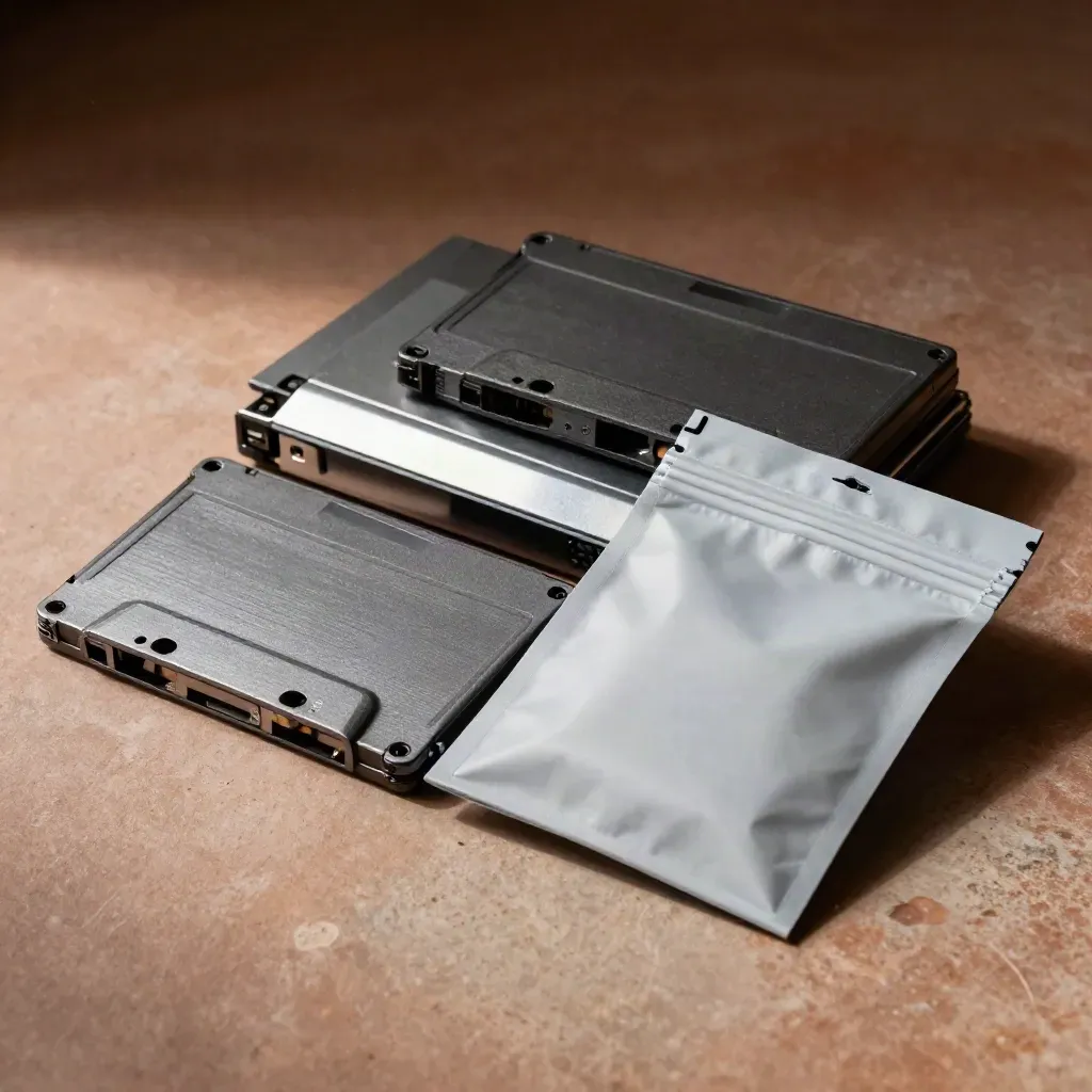 Backup tape, mirrored drives, and anti-static pouch on stone with dramatic light.