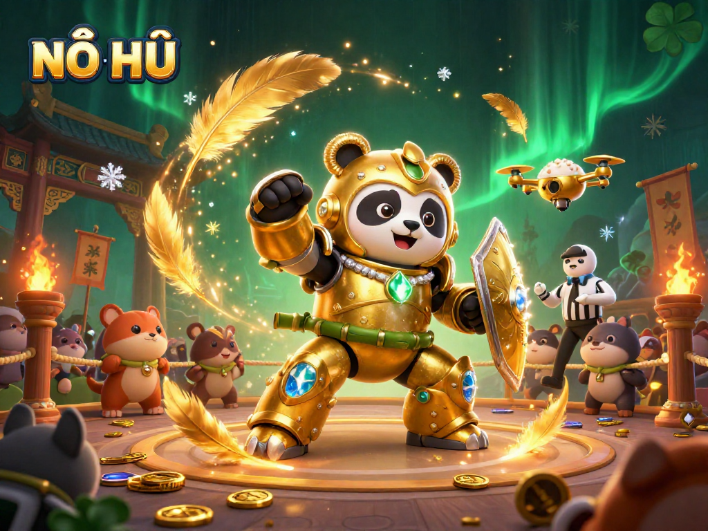 NỔ HŨ slot game experience with vibrant panda robot battling in a dynamic 3D arena