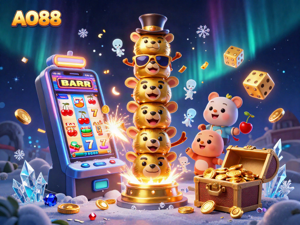 Experience the excitement of AO88 with a vibrant casino illustration featuring dynamic game elements.