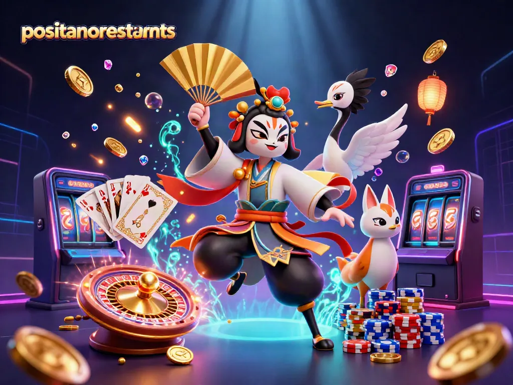 Engaging scene with positanorestaurants-themed kabuki characters winning in a vibrant casino atmosphere.