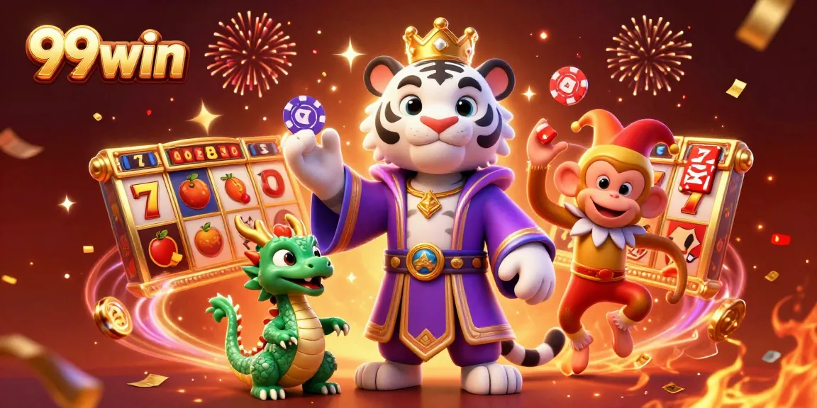 Experience the thrill of 99win with a vibrant casino illustration featuring dynamic slot game elements.