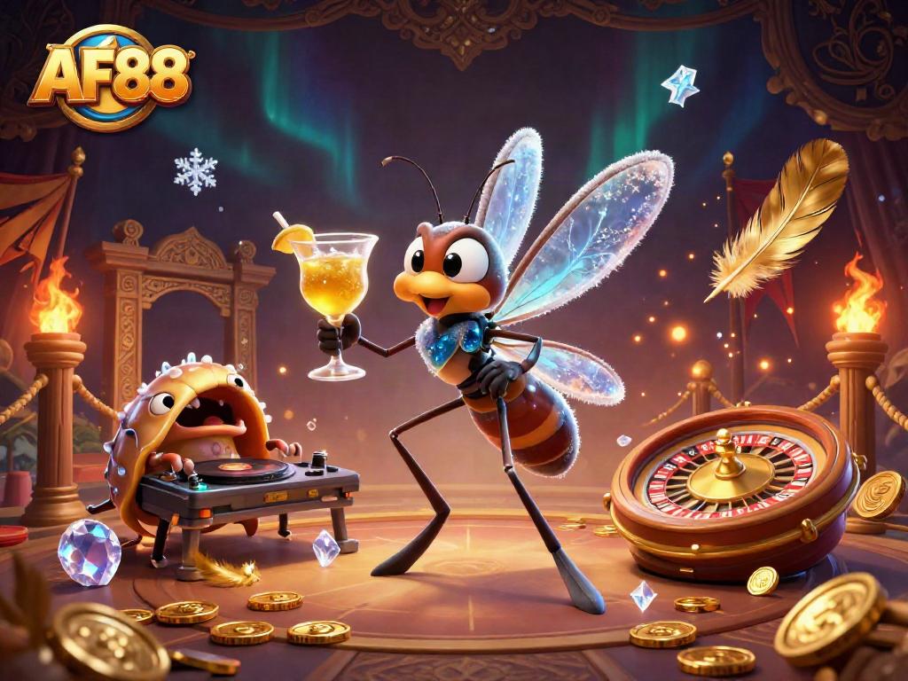 Engage with AF88's thrilling gaming scene featuring a vibrant casino mascot and dynamic DJ elements.