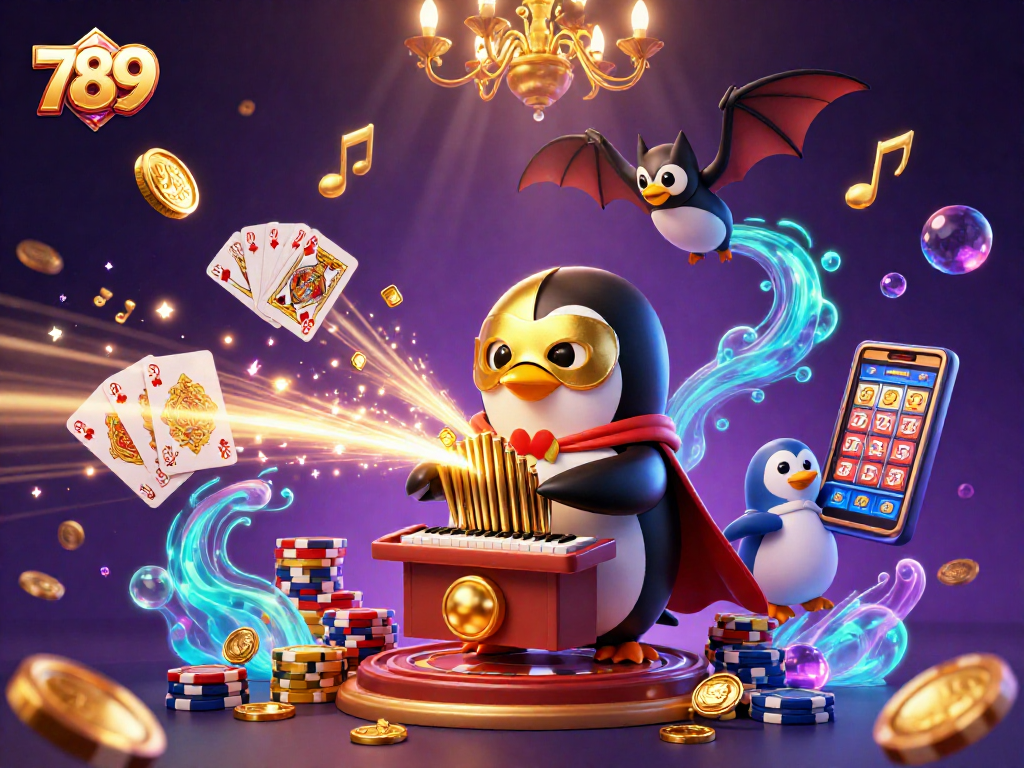 Engage with 789 casino excitement as the penguin plays and golden coins cascade in a vibrant 3D illustration.