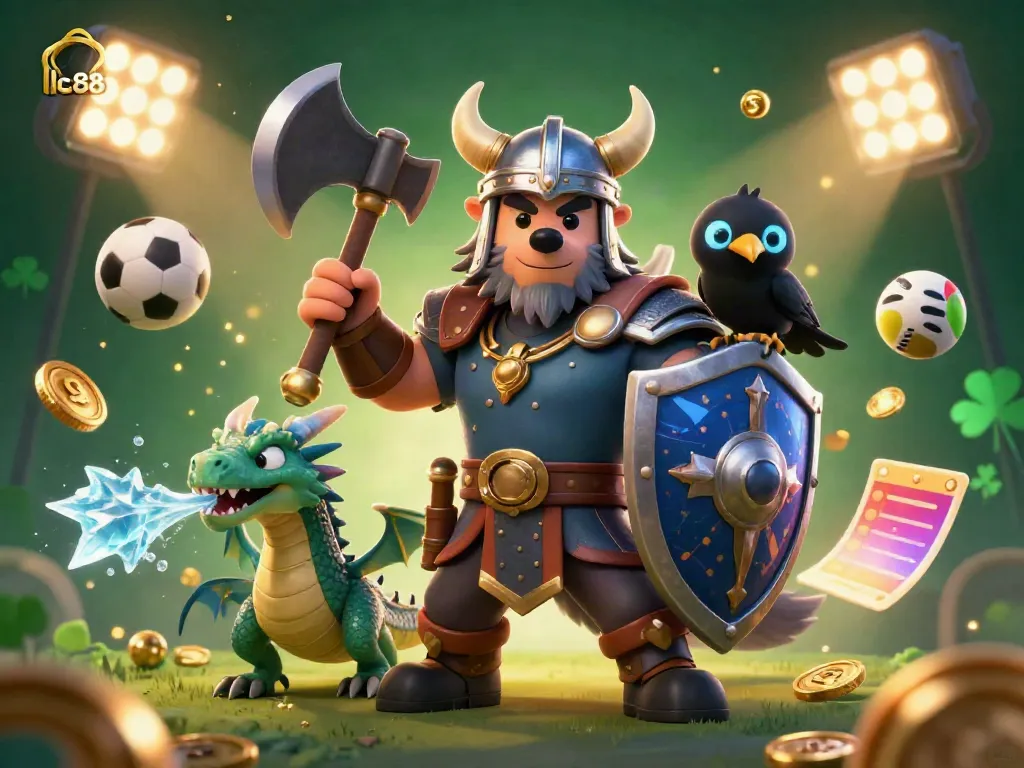 Experience lc88 with a heroic Viking wolf and a fierce dragon amidst dynamic sports and casino elements.