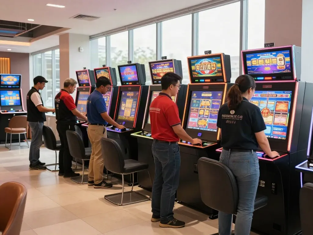 Trusted local contractor installing slot toto machines in a community gaming lounge.