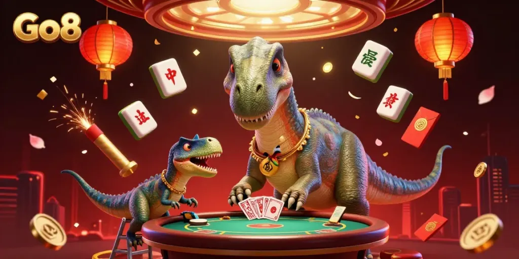 Go8 offers a vibrant casino experience with a towering dinosaur and dynamic gaming elements.