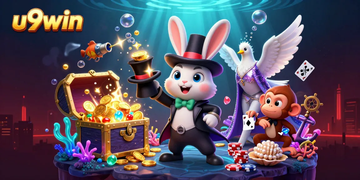 Spin to win at u9win with a vibrant 3D illustration of casino elements and enchanting characters.