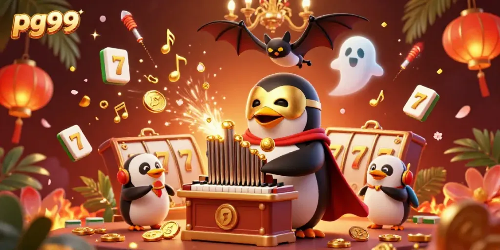 Spin the reels at pg99 with the charming phantom penguin creating a coin fountain in this festive casino illustration.