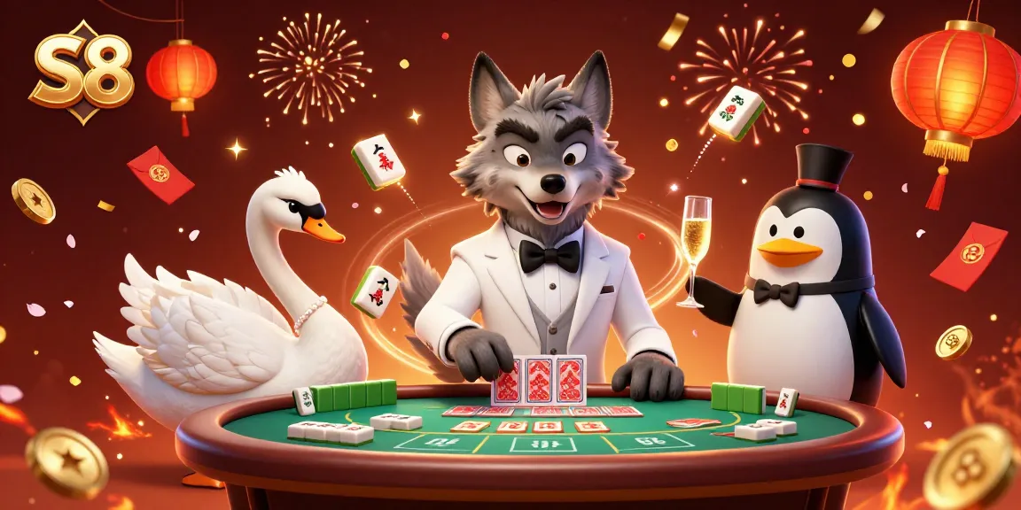 Experience S8 gaming entertainment with a debonair wolf and elegant swan in a vibrant casino scene.