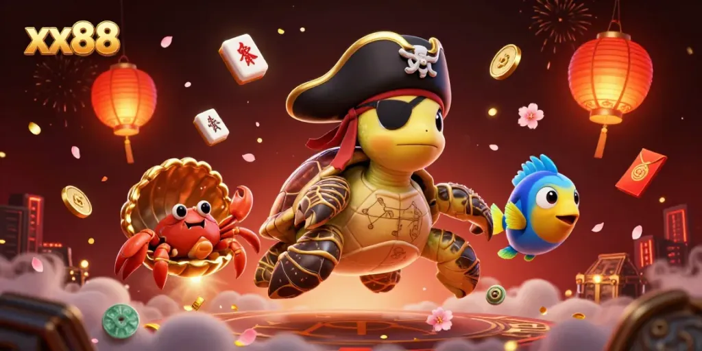 Engage in thrilling gaming at xx88 with a dynamic 3D scene featuring unique gambling elements.