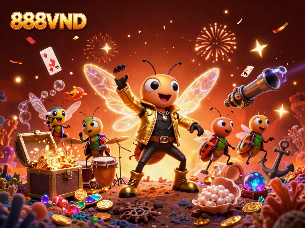 Experience the excitement of 888VND as a cicada rock star emerges amidst sparkling treasures and lively casino game elements.