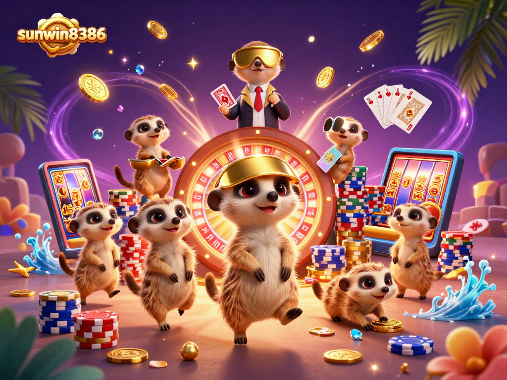 Experience the excitement of sunwin8386 with a playful colony of meerkats managing a lively casino scene.