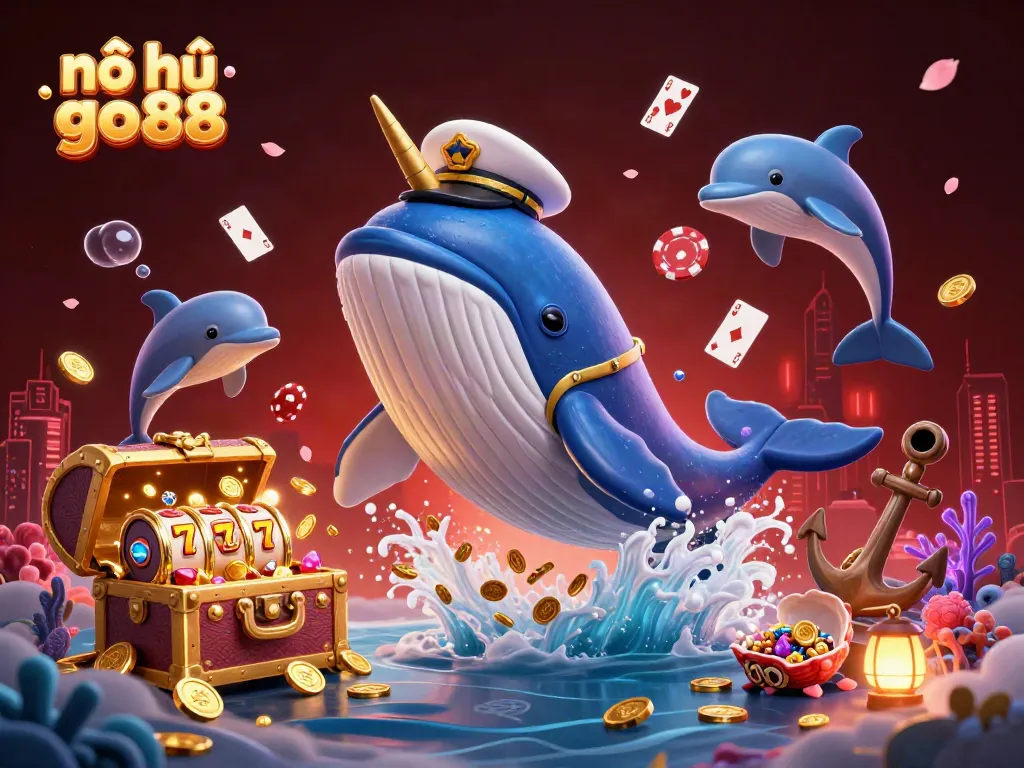 Experience the excitement of nổ hũ go88 with a vibrant underwater scene featuring a whale, narwhal, and dolphins among treasure elements.