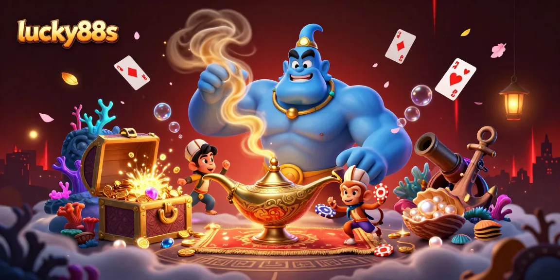 Experience thrilling gameplay with lucky88s featuring a genie, magic carpet, and casino elements.