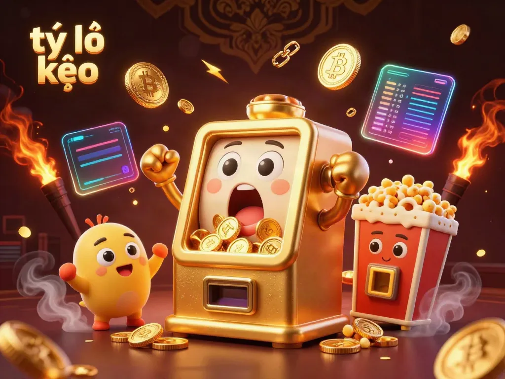 Engaging scene of tỷ lệ kèo featuring a golden slot machine celebrating a jackpot with cheering junior machines and crypto coins.