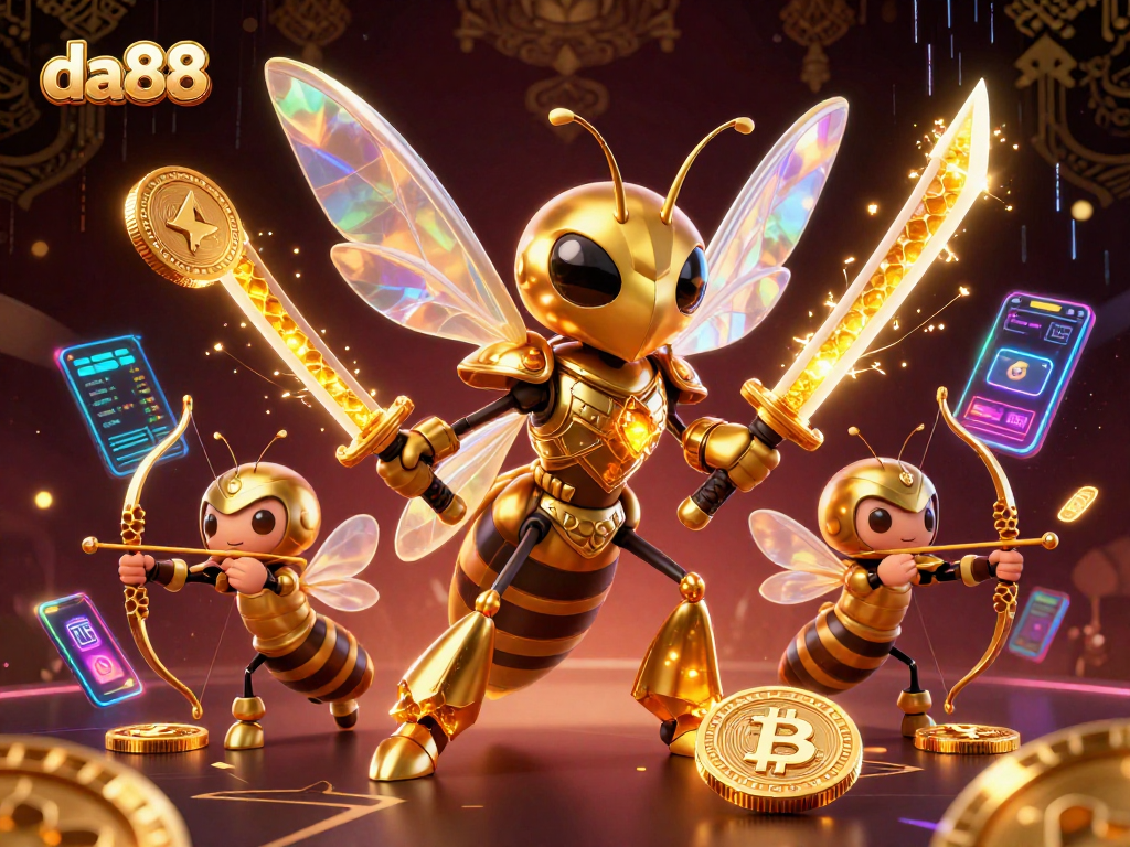 Join the da88 gaming adventure with vibrant 3D hornet heroes and crypto elements.