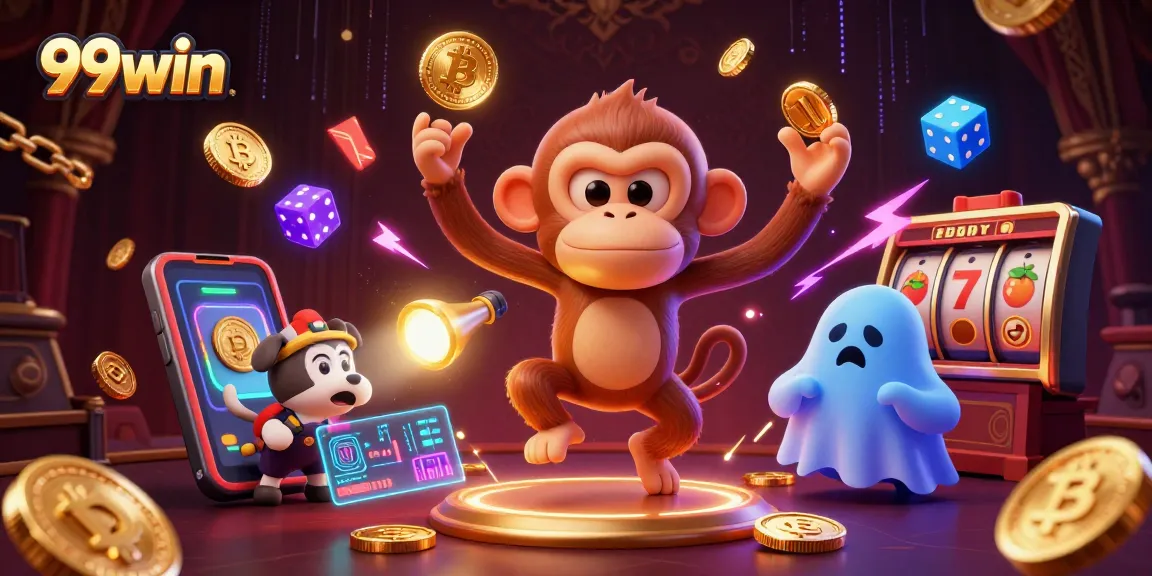 Engage with 99win's thrilling haunted casino adventure featuring a poltergeist monkey and a curious puppy.