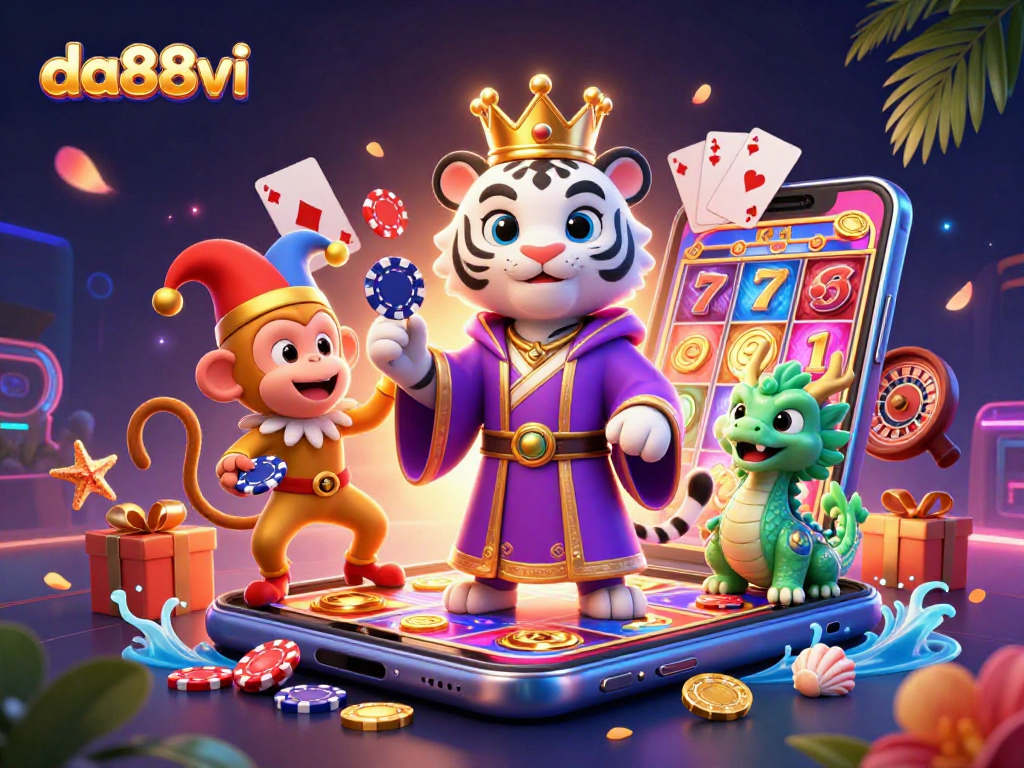 Experience the excitement of da88vi with a dynamic casino scene featuring a regal tiger and playful monkey.